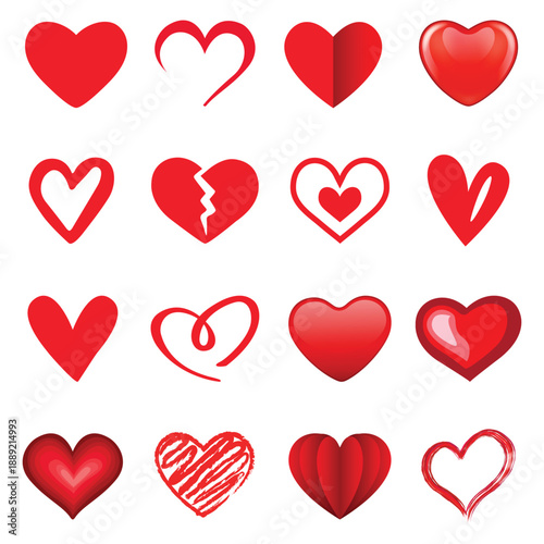 Red heart icon set. Vector illustration	