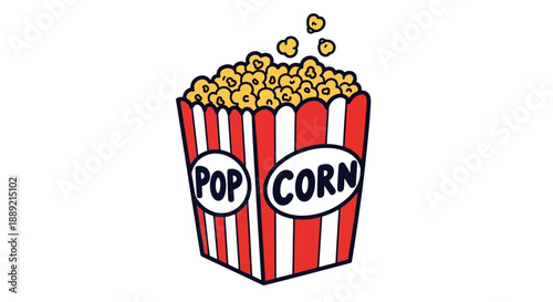 A red and white striped popcorn bucket overflowing with popcorn, illustration of a snack container, viewed from the front