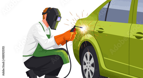 Mechanic welding a green car in a workshop from a side viewpoint
