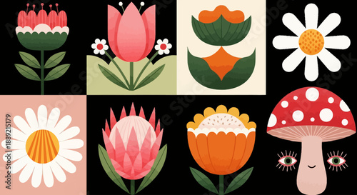 Vibrant Floral Illustrations and Whimsical Mushroom Character in a Playful Collage