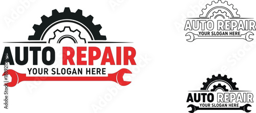 A set of auto repair logos with gear and wrench designs