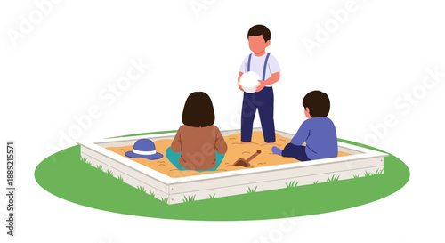 Three people engaged in a discussion around a sandbox model in a grassy outdoor setting viewed from above