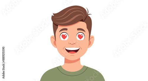 A cartoon man with glowing red eyes smiling with happiness in an illustration
