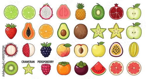 A vibrant collection of cartoon fruits and stars arranged in a grid pattern, showcasing various colorful illustrations from different viewpoints.