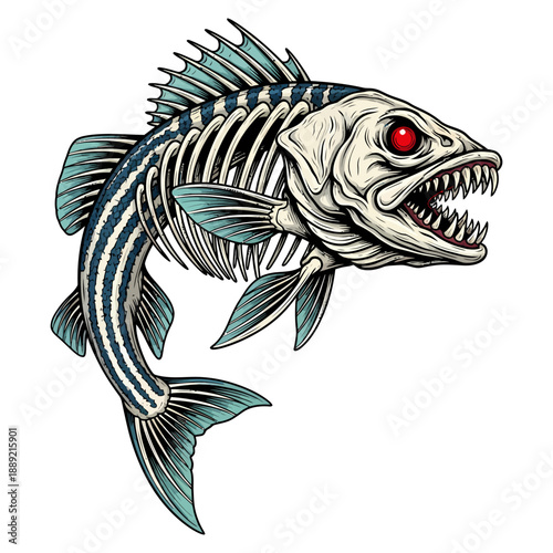 skeleton striped bass fish with sharp teeth and red eyes in aggressive cartoon mascot style