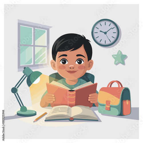 Little boy studying at night in cozy bedroom reading orange book with desk lamp and school bag under wall clock during homework time illustration for education and learning theme