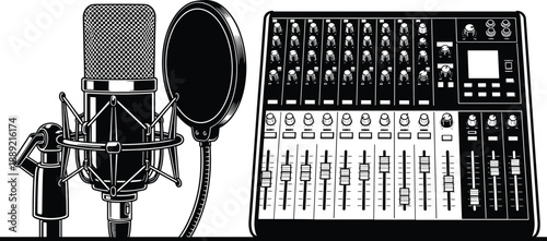 Black and white studio microphone and mixing console illustration — perfect for audio engineering, music production, podcast branding, and minimalist tech artwork
