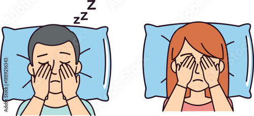 Cartoon characters showing sleep and tiredness — perfect for wellness design, emotional states, morning routine, and sleep habit illustrations