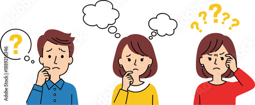 Cartoon characters showing confusion and contemplation — perfect for education, emotional design, problem-solving, and decision-making illustrations