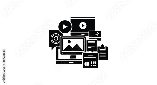 Collection of modern media and technology icons in black and white
