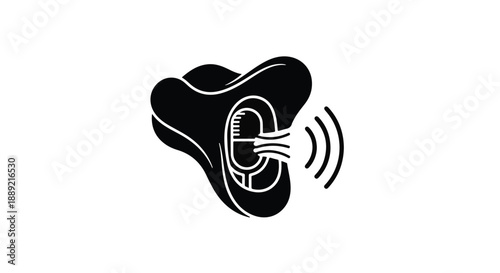 Black and white illustration of ear with sound waves