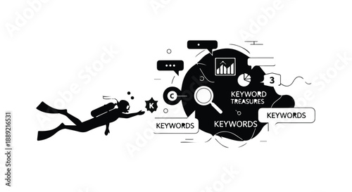 Diver swimming through sea of keywords and data visualization