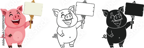 Three cartoon pigs holding signs in different colors and styles