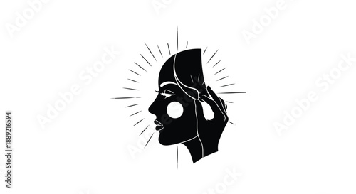 Stylized illustration of a woman's face with headphones and sunburst
