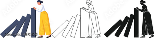 A woman preventing a domino effect with a colorful illustration style