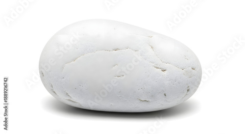 A single smooth white pebble stone with a subtle shadow on a pure white background, isolated on white.
