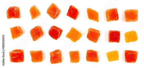 Obraz na płótnie Set dried papaya cubes with sugar, candied fruit collection isolated on white ba