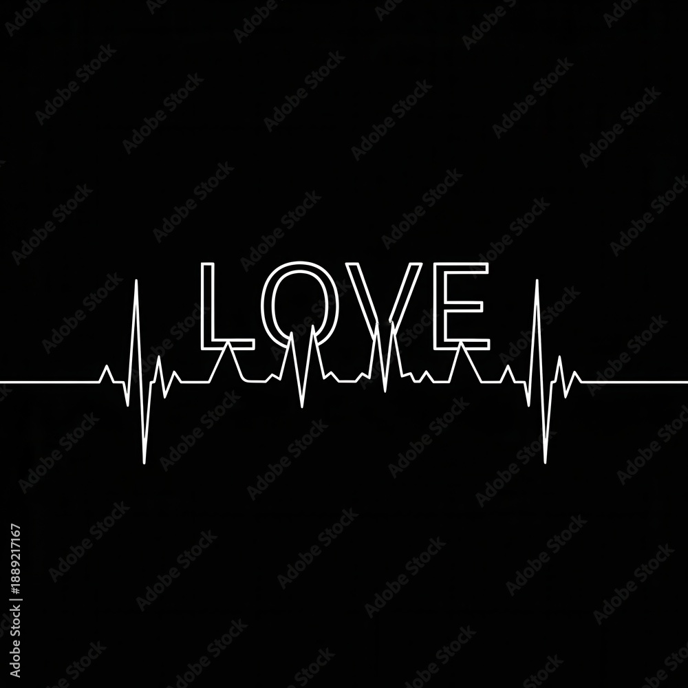 Obraz premium Minimalist heartbeat line forming word 'love' on black background, symbolizing passion and emotion
