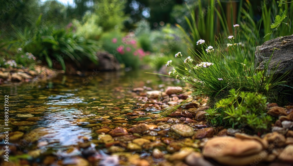 Obraz premium Scenic view of a clear stream with vibrant greenery and natural rock