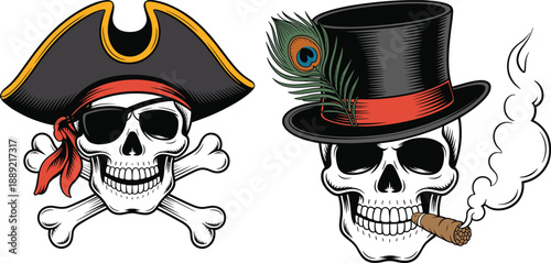 Pirate skull and smoking gentleman skull vector illustration with hats crossbones cigar feathers isolated on white for tattoo logo design