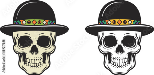 Skull illustration set with classic bowler hats and colorful bands, clean cartoon and monochrome vector artwork for logos, branding, apparel