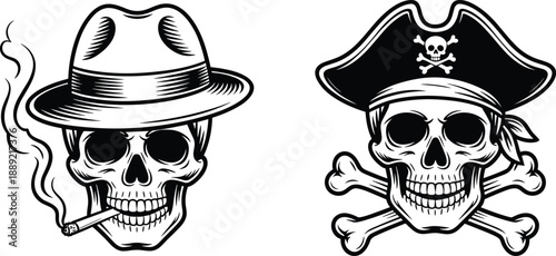 Smoking skull in fedora and pirate skull crossbones vector illustration set, vintage gothic tattoo style artwork, black and white design, isolated on white