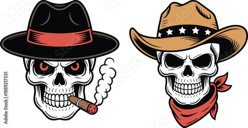 Stylish skull characters wearing fedora and cowboy hats with cigar, vector illustration for gothic western branding, posters, tattoos, apparel