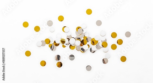 Overhead view of scattered gold and silver circular confetti on a white background