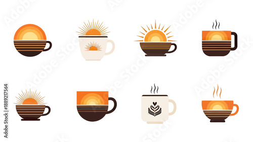 Sunrise Coffee Cups Collection Vector Illustration - Morning Warmth