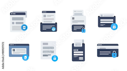 Secure Document and Data Icons Set, Vector Illustration