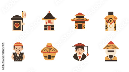 Traditional Asian Architecture and Figures Vector Icons