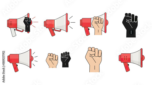Protest Megaphone and Raised Fist Vector Icons