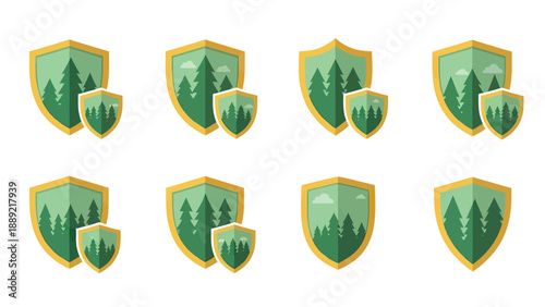 Forest Shield Icons with Trees and Sky - Nature Protection Concept
