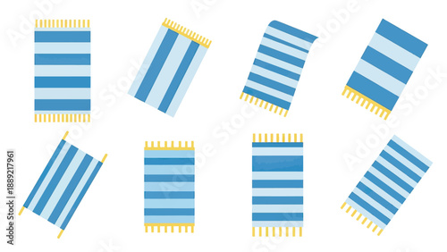 Set of Striped Beach Towels with Fringes in Blue and White