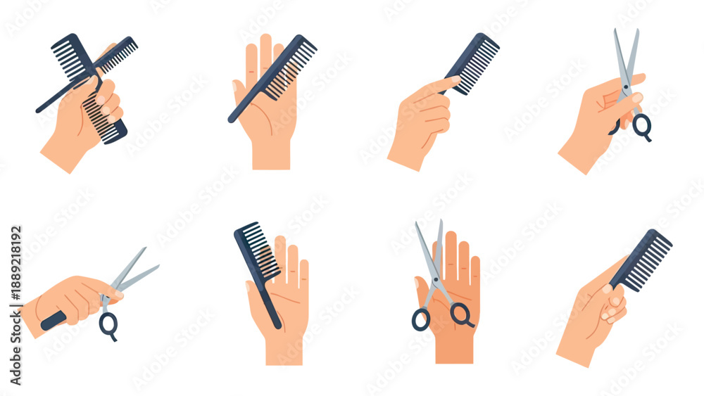 Obraz premium Hands holding comb and scissors, barber tools set