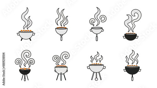 Barbecue Grills with Smoke - Set of Vector Icons