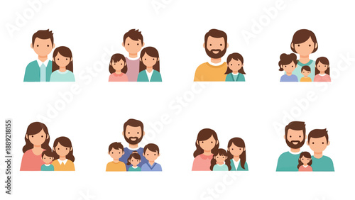 Diverse Family Portraits Flat Icons Set