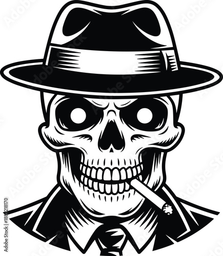 Vintage gangster skull wearing fedora hat and suit, smoking cigar, black and white vector illustration, noir mafia style artwork