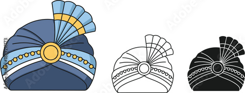 Three colorful turbans with unique designs on a white background