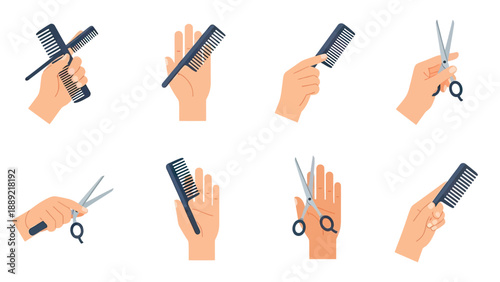 Hands holding comb and scissors, barber tools set