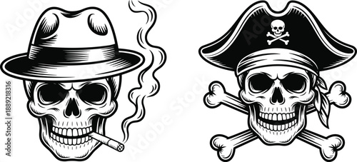 Vintage skull characters vector illustration set with fedora smoking skull and pirate skull crossbones, retro gothic tattoo style artwork, isolated black white design