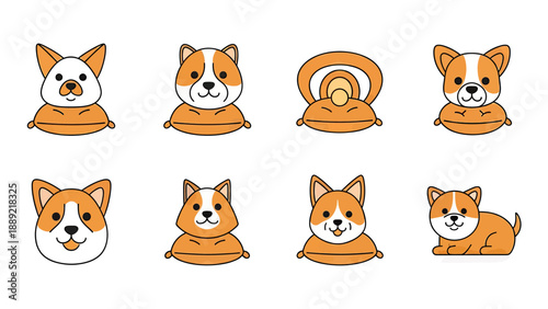 Cute Corgi Dog Faces and Poses Flat Vector Icons
