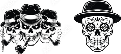 Vintage gangster skull trio smoking pipes with fedora hats and decorative sugar skull portrait black white vector illustration design