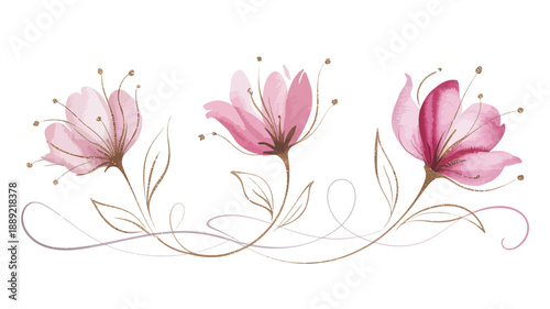 Delicate trio of pink watercolor style flowers adorned with elegant golden swirling stems, creating a beautiful decorative floral motif for various design projects