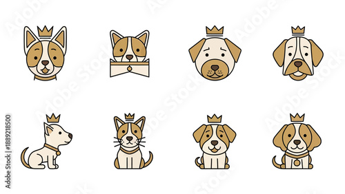 Cute Royal Dogs and Cat Icons Set, Crowned Pets Vector Illustration