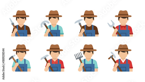 Diverse Farmers with Tools Icon Set