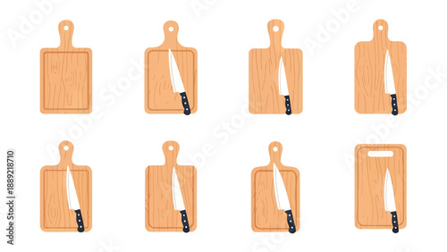 Wooden Cutting Boards with Chef Knives Collection Vector Illustration