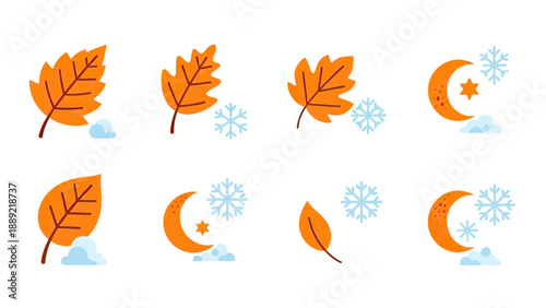 Autumn Leaves and Winter Snowflakes Icons Set