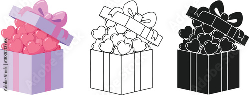 Three gift boxes with hearts in different colors and styles