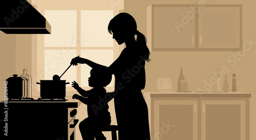 Mother and Child Cooking Together in Kitchen Silhouette.